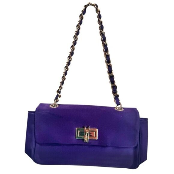 Love Moschino Satin Chain Strap Clothespin Turn Lock Shoulder Bag Purple Gold - Picture 1 of 16